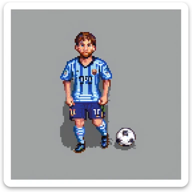 Lionel Messi dribbling a soccer ball, pixel art style, vibrant colors sticker