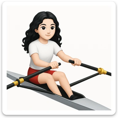 Altındaki tekneyi olimpik kürek sporu için uygun, uzun ve ince yarış teknesi olarak değiştir. Kız siyah uzun dalgalı saçlı, beyaz tenli, kırmızı şort ve beyaz kısa kollu tişörtle olimpik kürek sporu yapıyor sticker