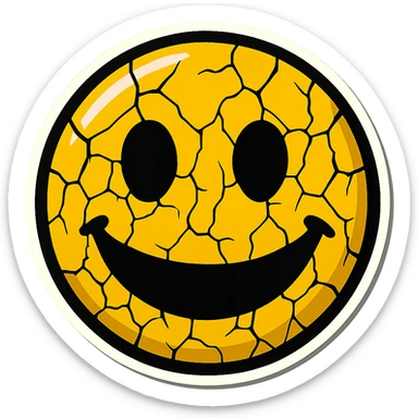 creepy emoji with cracks, empty eyes and wide smile, retro stickers style, sharp black outlines, clear shadows and highlights, no gradients sticker