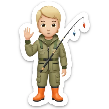 Boy in fishing suit looking at his wristwatch sticker