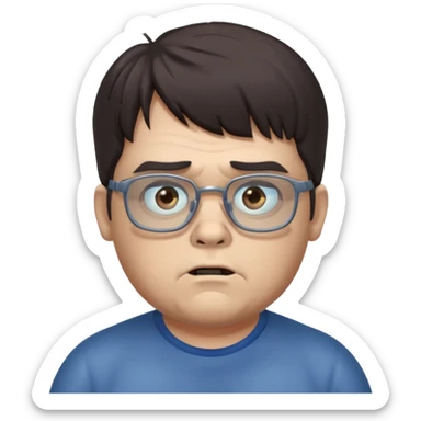 An emoji of a slightly chubby male zombie with dark brown hair and bangs down to his eyebrows, wearing square, bluish glasses. sticker