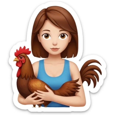 Brown hair large boob Woman tanki top holding rooster sticker
