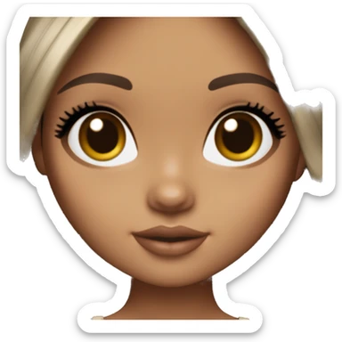 Blythe doll with tanned skin, Black straight hair with brown highlights in the ends with No Bang, with dark brown eyes and Long lashes sticker