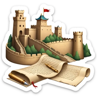 icon featuring an ancient scroll, quill pen with famous historical landmarks and monuments like the Great Wall and the Colliseum in the background. Historical figures are depicted as statues, symbolizing the study of history. Transparent background highlights the legacy of past civilizations. sticker