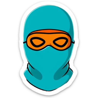 teal and orange ski mask with loving face sticker
