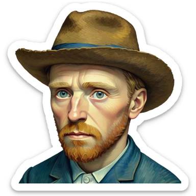 Cinematic Realistic Vincent van Gogh Portrait Emoji, depicted as the iconic artist with expressive brushstrokes and soulful eyes, rendered with rich textured detail and dynamic emotive lighting that captures his creative genius. sticker