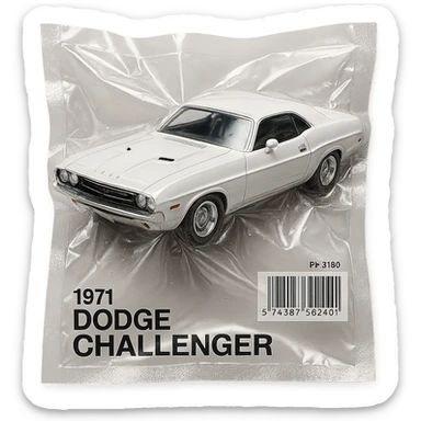 white 1971 Dodge Challenger muscle car, glossy and puffy, inspired by the movie 'Death Proof' sticker