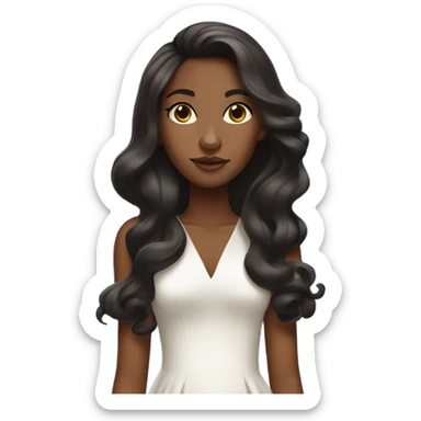 brown skin black girl with long straight hair with blowout curls and a white silk dress sticker