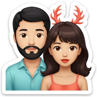 handsome asian man with black hair and beard, with cute tan skin woman with long wavy reddish brown hair with bangs and coral lipstick sticker