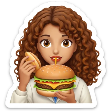Arab girl with brown curly hair with Carmel highlights eating a burger sticker