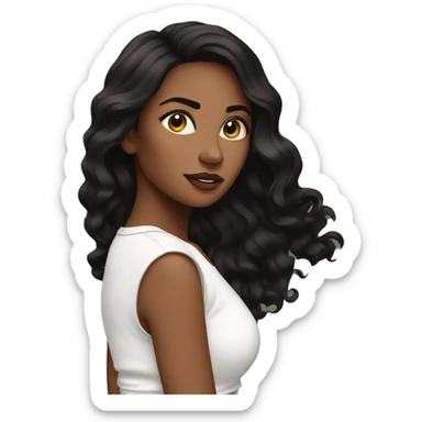 back side of a brown women, with black hair, a white crop top, wavy long hair sticker
