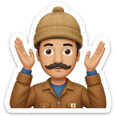 Woodworker thick mustache knit cap Carharttk shirt hand raised above head small eyes sticker