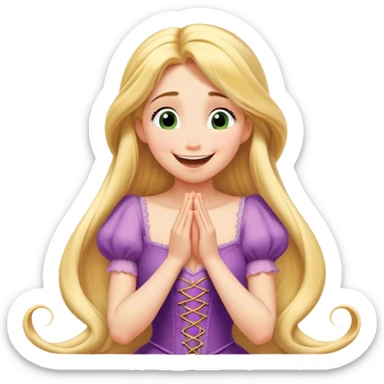 Cinematic Playful Rapunzel Portrait Emoji, Giggling as Pascal sits atop her head, hands cupped over her mouth in a moment of pure joy, her radiance shining through, utterly enchanting! sticker