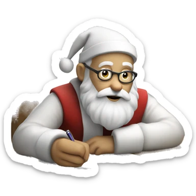 White Santa Claus is sitting on a desk, writing something down on a sheet of paper, solving complicated math puzzles  sticker