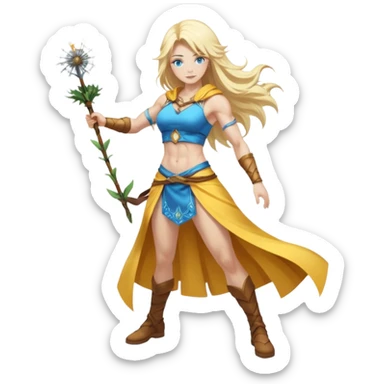 full body woman long blonde hair blue eyes white skin muscular build dandelion wind summoner sticker