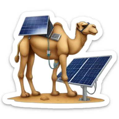 Camel working as solar panels technician while standing next to a solar panel sticker