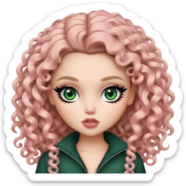 curly long dark hair, pale skin, dark green eyes, pretty bratz baddie, black eyeliner, blush sticker