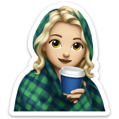 cute dirty blonde girl with green hazel wrapped in dark blue plaid blanket drinking coffeeemoji sticker