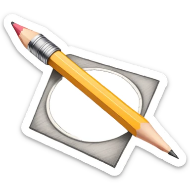 A pencil is placed over a sheet of paper grid, representing the sketching phase of a logo sticker