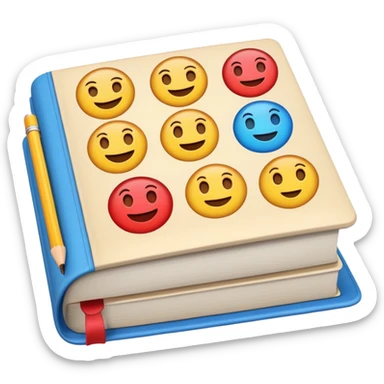 A textbook with the letters of "emoji" on its cover, where the word "emoji" is split into multiple individual letters for use. sticker