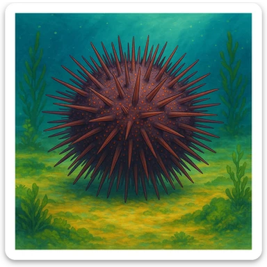 Another sea urchin in Ghibli style, underwater scene, round and spiky, with more color and detail, no text. sticker