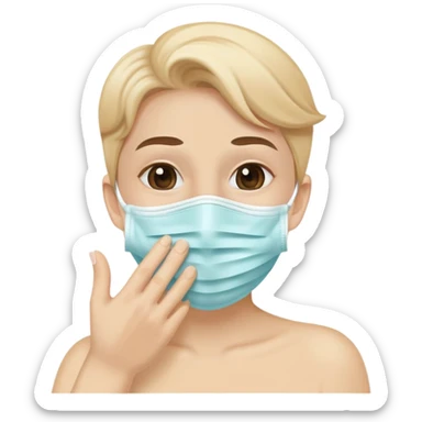 person with a mask, hand near mouth, showing good hygiene, cheerful sticker