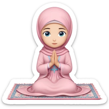 Turkish beautiful finish Konya muslim girl blue eyes with powder pink color flower hijab long tail dress and sits on the pray mat namaz on the ground with dua  sticker