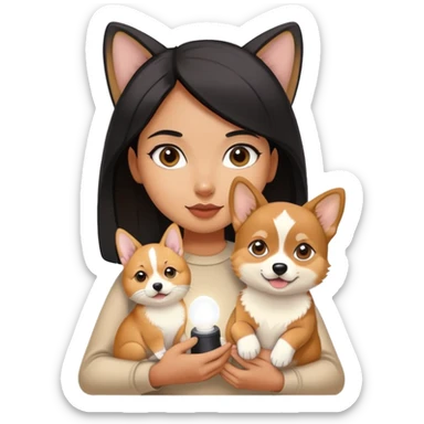 The girl with black hair is holding a light beige Abyssinian kitten and a Corgi. sticker