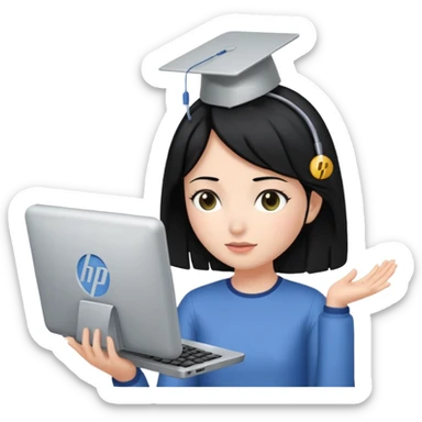 A girl is in front of an HP computer, holding it to her head, and her hair is black. sticker