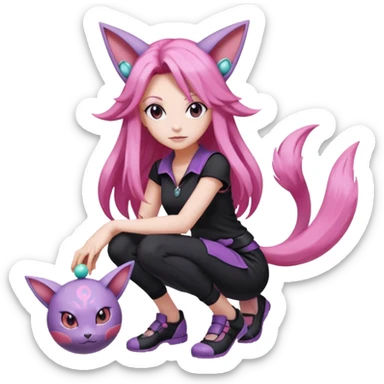 Female pokemon trainer, with long pink hair and wearing black. She’s standing confidently holding a pokeball and espeon by her feet  sticker