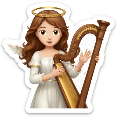 Female angel holding harp with flowing brown hair sticker