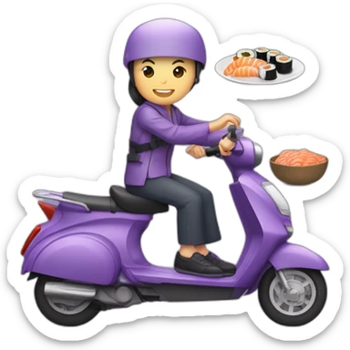 personne asiatique sur un scooter violet avec un sushi dans la main sticker