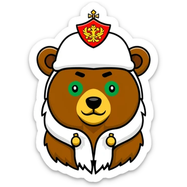 Cute grizzly bear face with green eyes, wearing a white fur hat with golden Russian coat of arms in the middle sticker