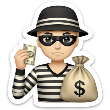 Cartoon-Räuber mit schwarzer Augenmaske, gestreiftem Shirt, schwarzer Mütze und einem Geldsack mit $-Zeichen. sticker