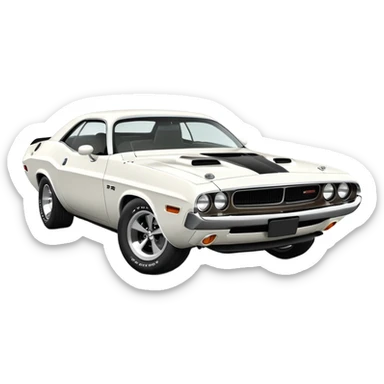 Refined white 1971 Dodge Challenger with exact proportions, perfect three-quarter 30-degree angle view, detailed front end with visible headlights and grille, pure white color, iOS emoji style sticker