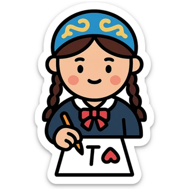 Kazakh girl in Korean foreign school uniform, drawing the letter T with a heart on a sheet of paper sticker