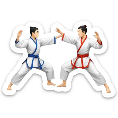 Two martial artists in traditional Wushu attire, performing elegant, fluid moves. The background shows a peaceful, scenic landscape with mountains and bamboo trees, symbolizing the balance of power and grace in Wushu.  sticker