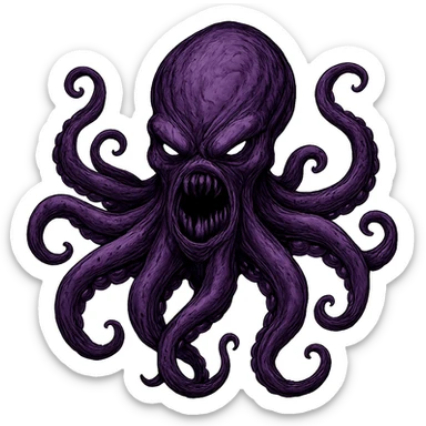 Remove the nose, make the octopus look scary, keep the purple color, with no background. Maintain the original style and details of the octopus while making it look scary and purple. sticker