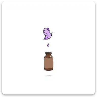 Small brown bottle floating with dim light, with a purple drop suspended in the air, slowly spinning in front of a luminous butterfly representing the thyroid gland sticker