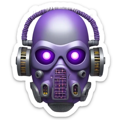 Purple mohawk cyborg head with grey respirator mask and circuits sticker
