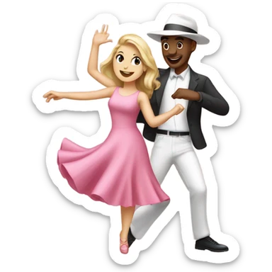 A white girl dancing in a pink dress with white Caucasian guy dancing in a pink hat sticker