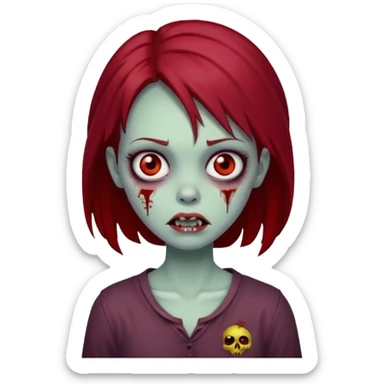 zombie girl with dark red hair, cartoonish sticker