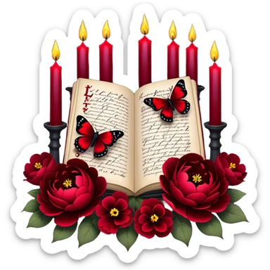 A dark, romantic composition featuring deep red peonies and pansies intertwined with blackened love letters, surrounded by glowing crimson candles. Butterflies in various shades of red flutter around Gothic crosses, creating an eerie yet passionate atmosphere. sticker