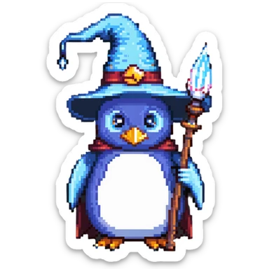 penguin wizard with a pointy hat and magic staff sticker