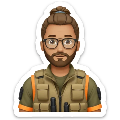 man with a man bun, beard, and glasses, wearing a tactical vest sticker