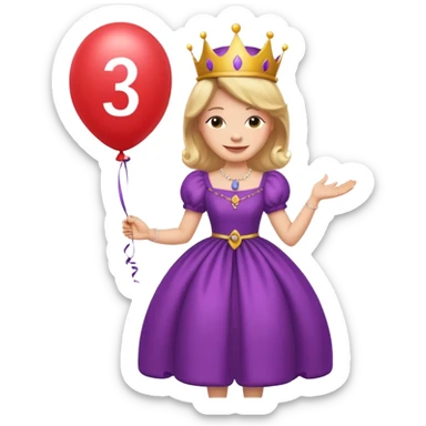 queen wearing dress, holding balloon in shape of number 3 sticker