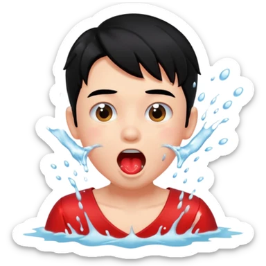 a peach splashing water in boy's mouth above his head with black hair and red dress sticker