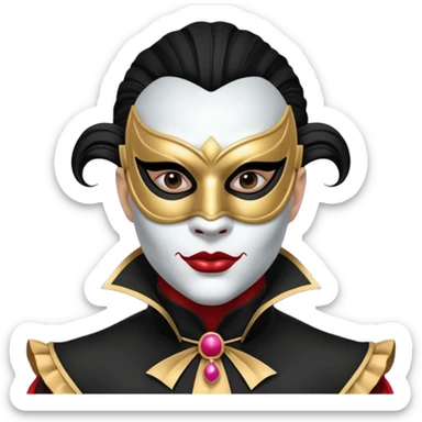 masked circus acrobat portrait, head and shoulders only, elegant carnival mask, dark outfit collar, dramatic expression, 3D cartoon, mobile game icon style, clean background, no text, no watermark
 
 sticker