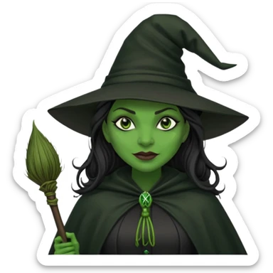 elphaba wicked witch with broom close up, evil dark coily long dark hair, green skin, thick green lips, cheekbones, smirk evil menacing cythia erivo dark aesthetic black hat cloak black broom sticker