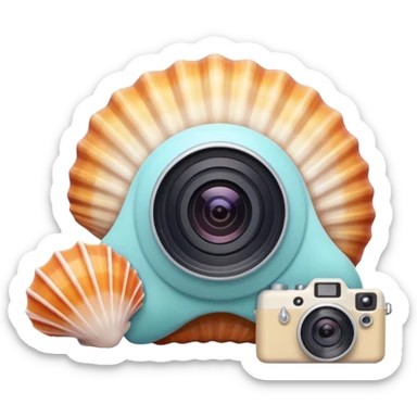 A seashell with a tiny camera next to it, symbolizing capturing beach memories. Playful, modern emoji style, soft pastel colors, white background. sticker